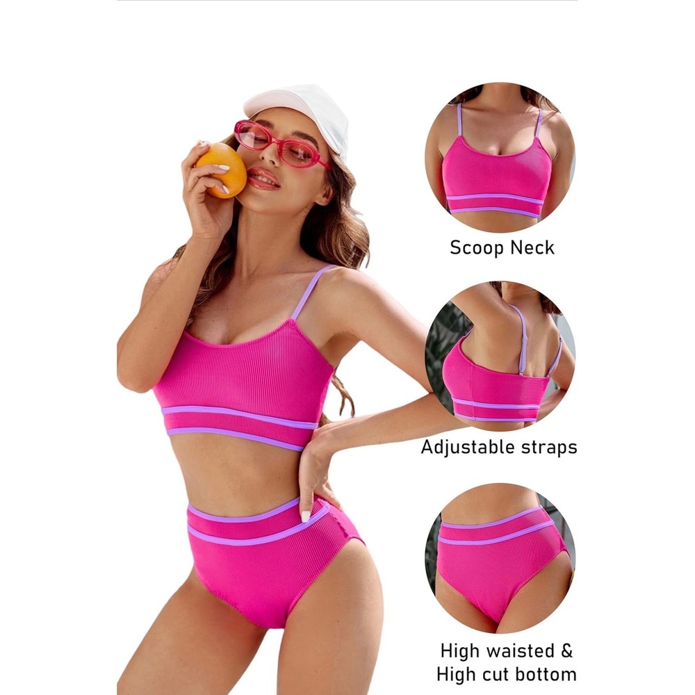 BMJL Womens Ribbed High Waisted Bikini Set Pink Lavender Stripe Sporty XL NEW
